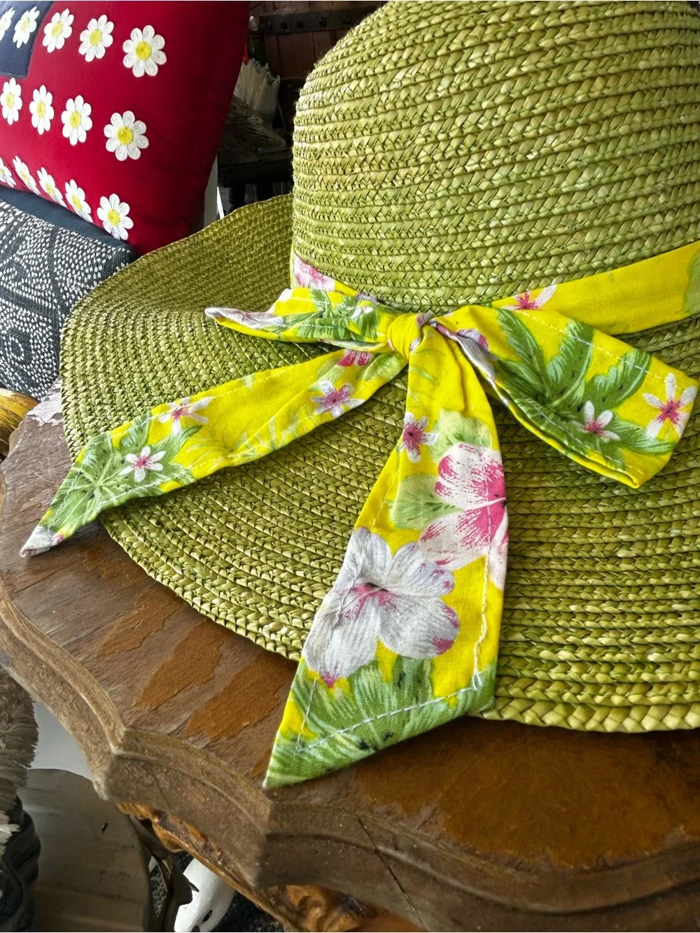 Sun Hat with Floral Tie - Yellow Green